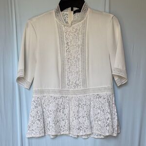 ZARA Woman Medium Crochet Lace White Blouse High Neck Peplum